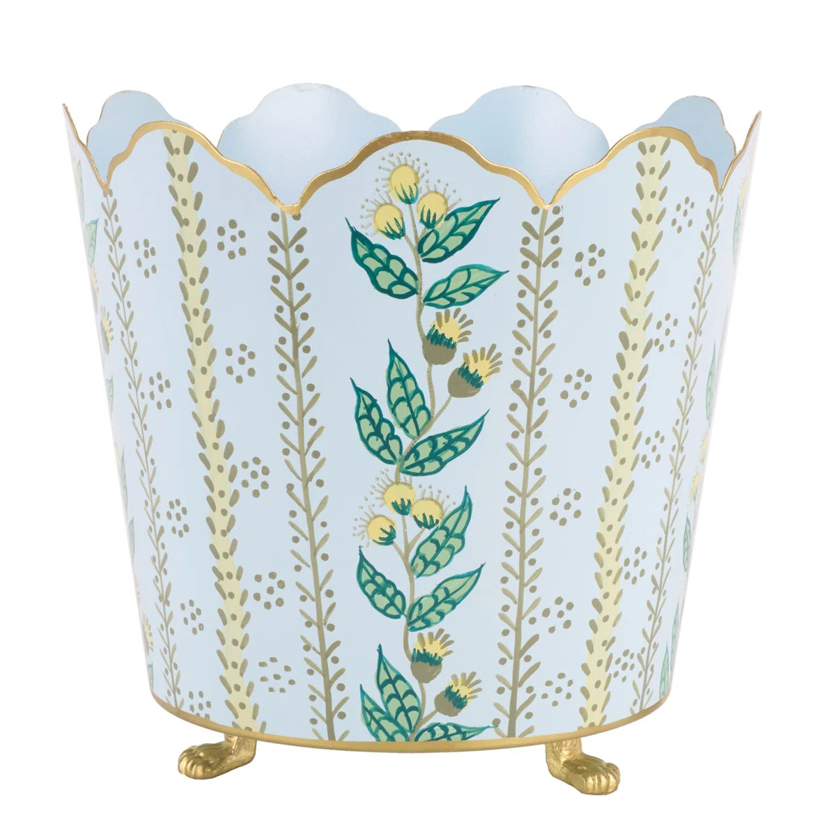 Pale Blue & Gold Floral Scalloped Bucket Tole Planter, Large | Wayfair North America