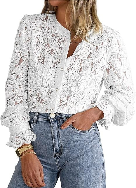 PRETTYGARDEN Women's Dressy Casual Lace Blouse Long Sleeve Button Up Shirts Tops Spring Fall Fash... | Walmart (US)