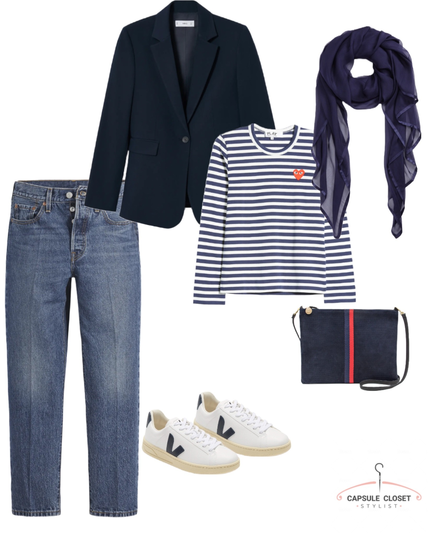 Navy blazer, straight leg jeans, veja trainers, navy scarf, stripe top

#LTKstyletip #LTKshoecrush #LTKeurope