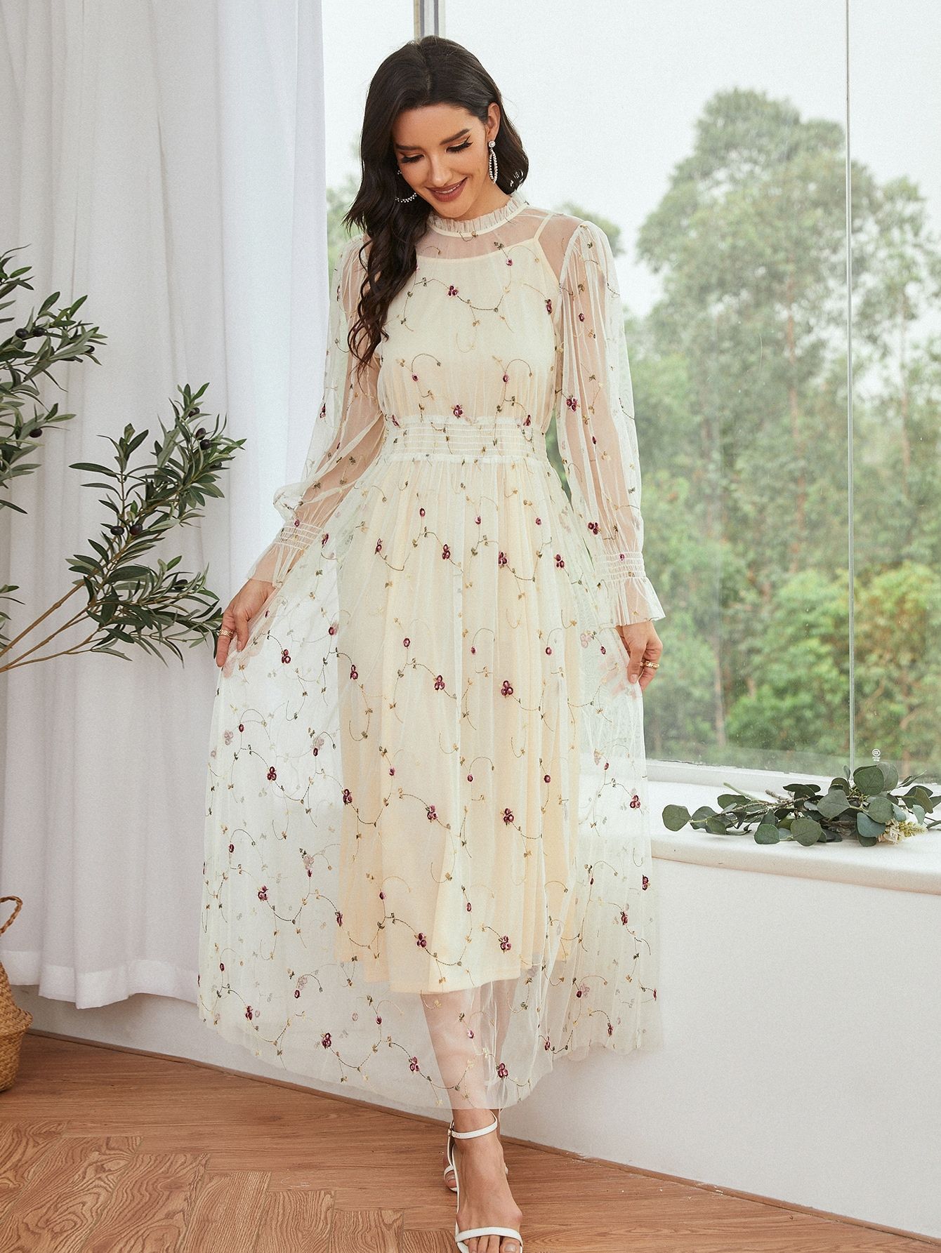 Embroidery Mesh Overlay Shirred Waist Dress | SHEIN