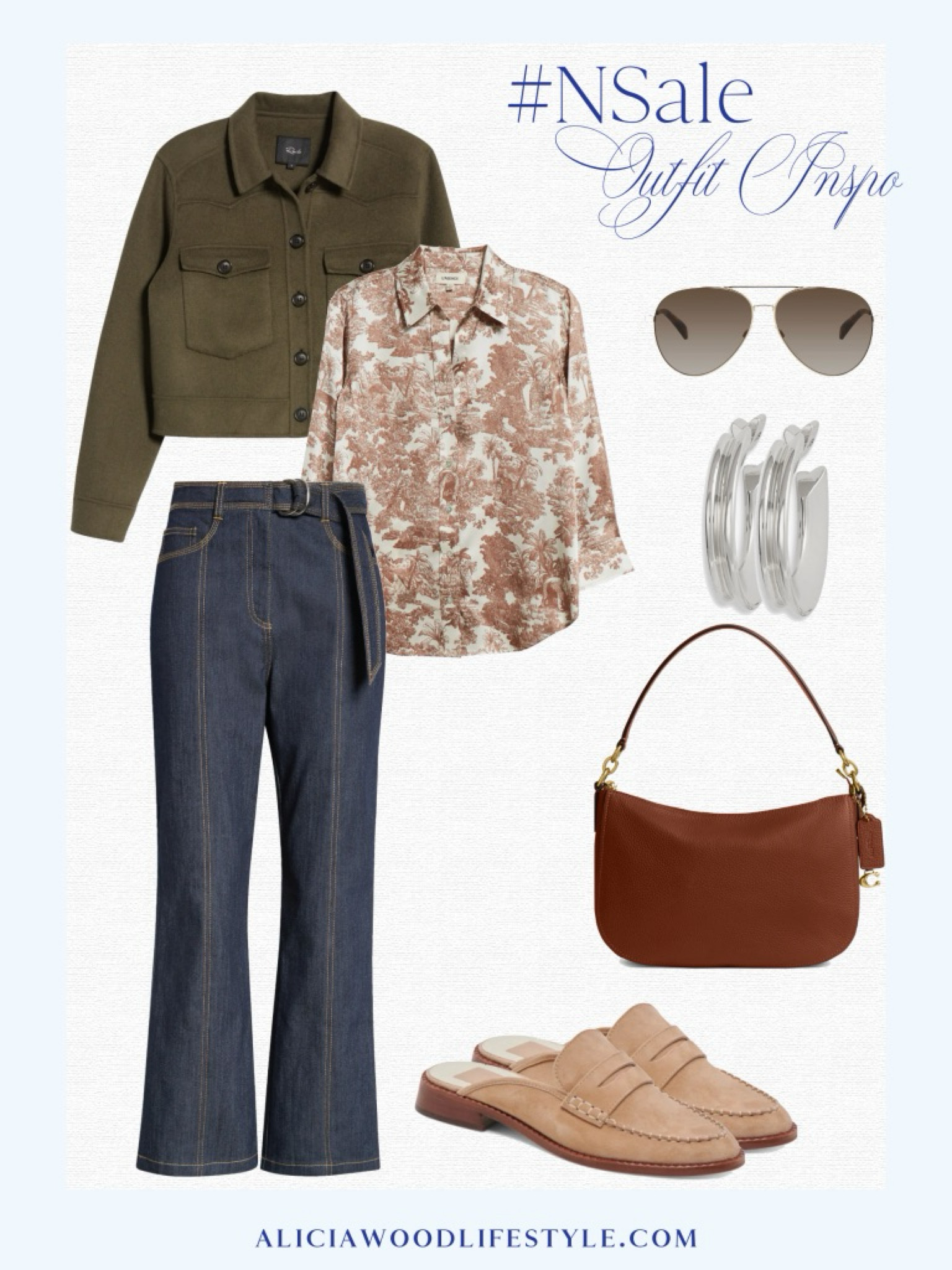 NSale Outfit Inspo 

Army green cropped jacket
Dark wash denim 
Toile silk blouse 
Neutral mule slide
Shoulder bag 
Aviator sunglasses
Silver hoops 

#LTKOver40 #LTKxNSale #LTKStyleTip