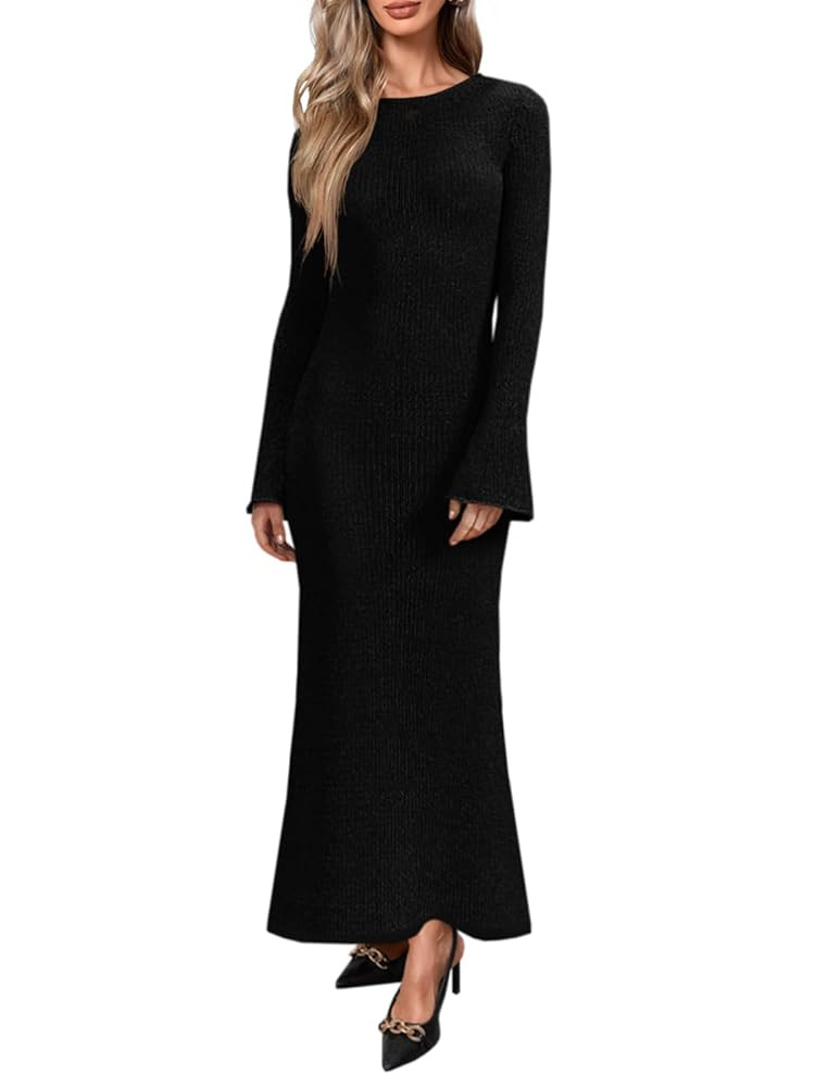 Yousify Womens Bell Long Sleeve Maxi Dress Casual Crewneck Knit Slim Fit Flowy Sweater Dresses | Amazon (US)
