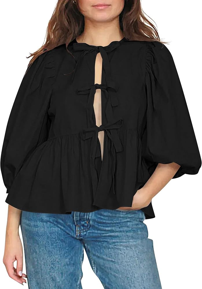Women Tie Front Tops Puff Sleeve Babydoll Shirts Y2K Cute Ruffle Peplum Going Out Top Blouse Tren... | Amazon (US)