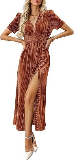 Sissyaki Women's Retro V-Neck Velvet Maxi Dress Wedding Guest Formal Party Long Dresses | Amazon (US)