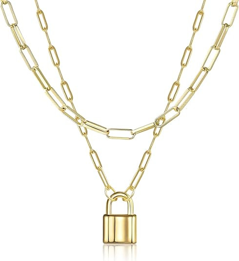 BOUTIQUELOVIN 14K Gold Plated Lock Necklace for Women Paperclip Link Chain Padlock Necklace Non-T... | Amazon (US)