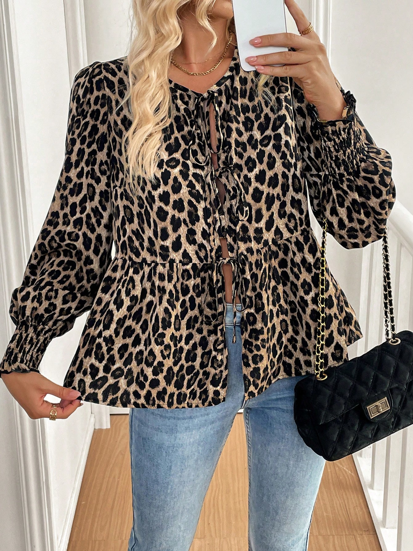 SHEIN Relaxiva Women's Casual Leopard Print Retro Front Tie Collar Long Sleeve Blouse | SHEIN USA | SHEIN