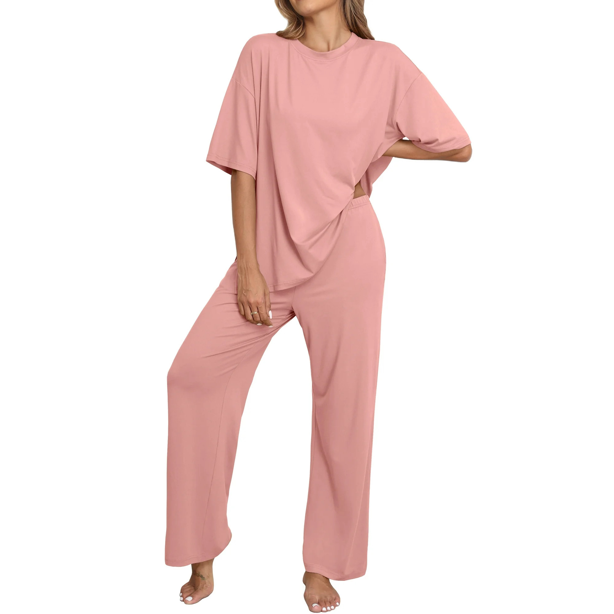 MINTREUS Lounge Sets for Women Knit Short Sleeve Tops and Long Pants Soft Comfy Pajamas Set Overs... | Walmart (US)