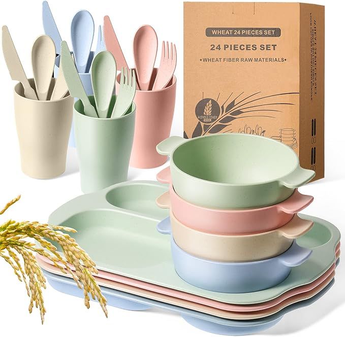 Honoson 24 Pcs Wheat Straw Dinnerware Cutlery Set Including Kids Toddlers Divided Plates Microwav... | Amazon (US)