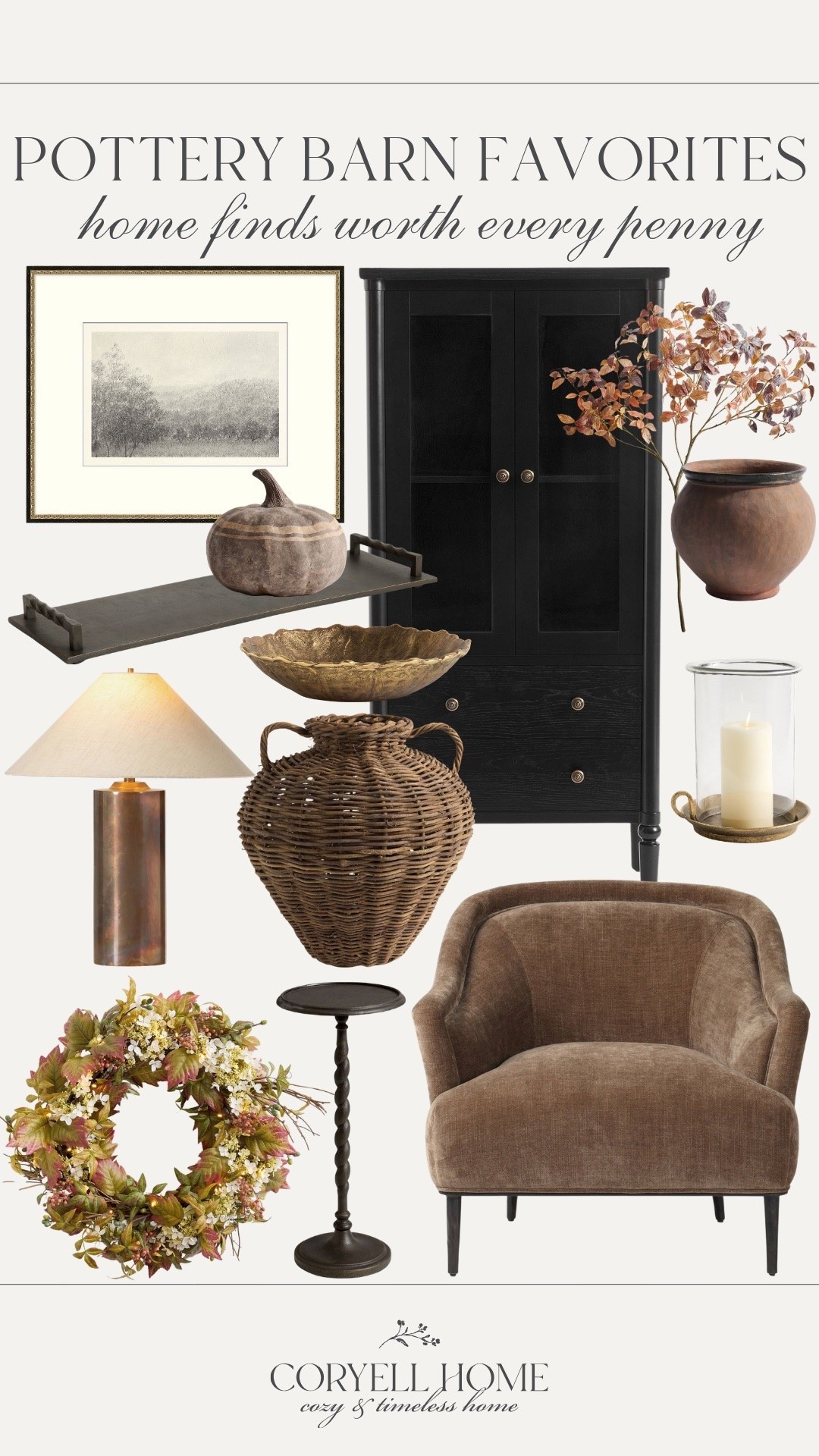 Absolutely loving these Pottery Barn furniture and decor favorites 🤎🍂 Some pretty fall decor, a gorgeous hutch and chair, and that pretty black martini table! Plus this fall wreath is just beautiful!

#LTKHome #LTKSeasonal