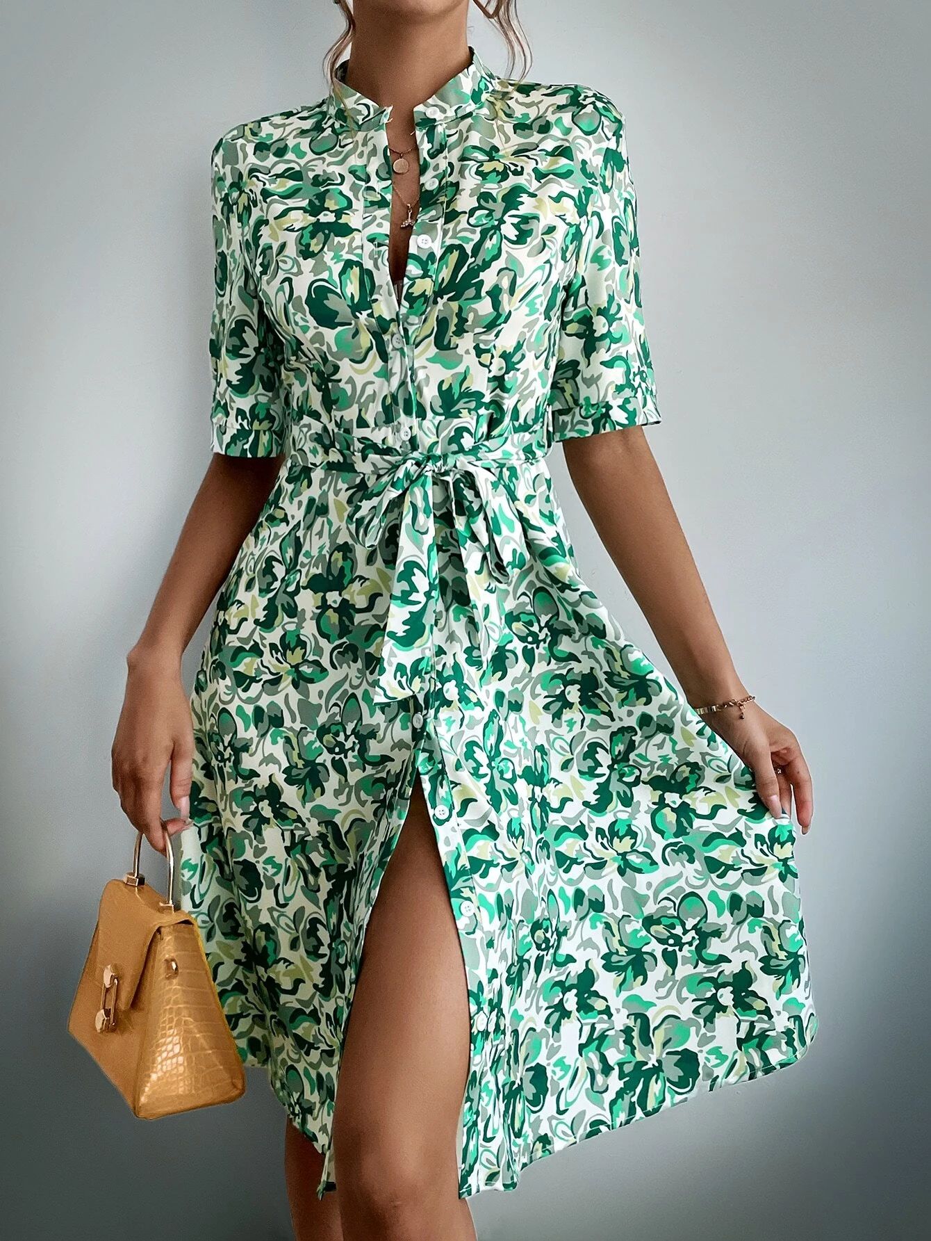 Allover Floral Print Belted Shirt Dress | SHEIN