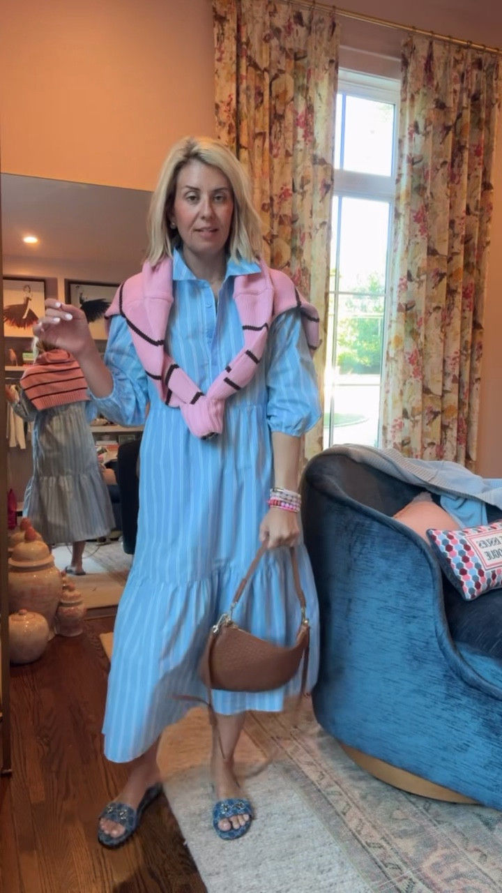 Showing you how we take a great dress and style it! Add your accessories, a statement necklace, earrings, a layering piece with a pop-up color, a bag and done! ￼
Dress & Sweater - xs 
Sandals - 38.5 (I size up 1/2)
Bag - small
*Use Catherine20 at A+B


#LTKmomlife #LTKstorytime #LTKdayinmylife