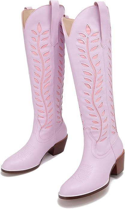 Yishaweiqi Embroidered Cowboy Boots for Women Almond Round Toe Chunky Heel Cowgirl Boots Pull On ... | Amazon (US)