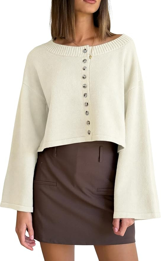 Women's Cropped Cardigan Sweaters Crew Neck Button Down Knit Tops | Amazon (US)