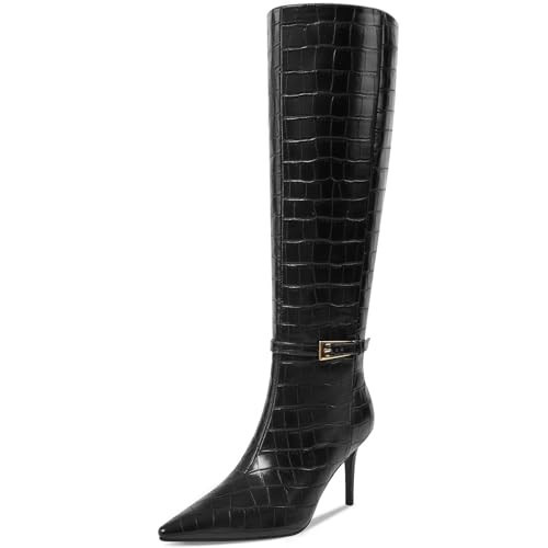 COMJUY Black Crocodile Knee High Boots For Women High Heel Tall Boots Size7.5 | Amazon (US)
