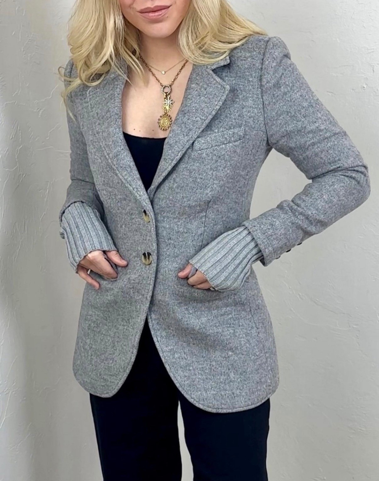 A woolly blazer starts off with a classic design and then switches things up by adding ribbed cotton-and-cashmere cuffs to create a bulk-free layered look.

Necklace makes a great Valentine’s Day gift!

#LTKValentine #LTKSeasonal #LTKgrwm