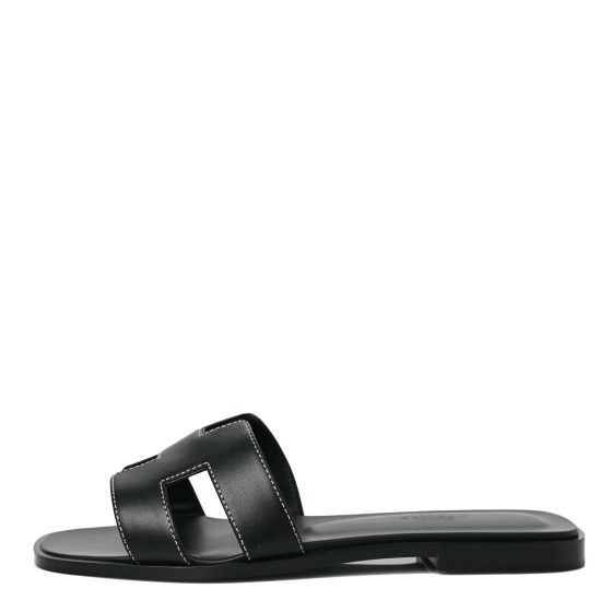 HERMES Box Calfskin Oran Sandals 37 Black | FASHIONPHILE (US)