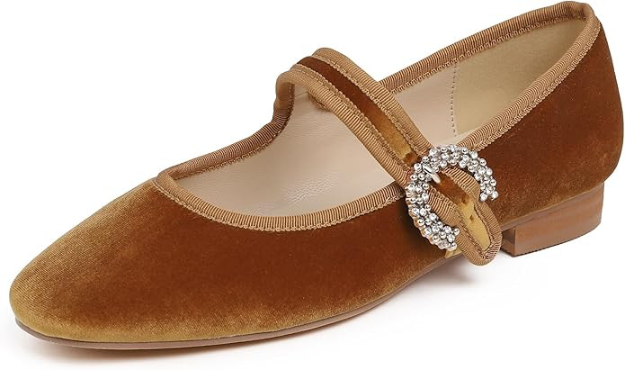 FEVERSOLE Women's Mary Jane Fashion Square Toe Easy Buckle Low Heel Slip On Flats | Amazon (US)