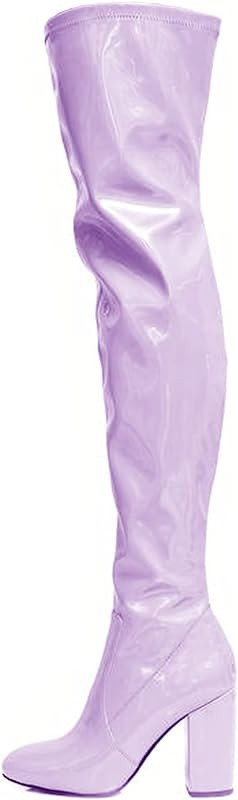 YIYA Women's Over The Knee Chunky Heel Boot Fashion Bright Patent Leather Thigh High GOGO Boots | Amazon (US)