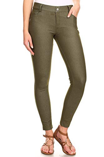 ICONOFLASH Women's Army Green Jeggings with Pockets Pull On Skinny Stretch Colored Jean Leggings Size Large | Amazon (US)