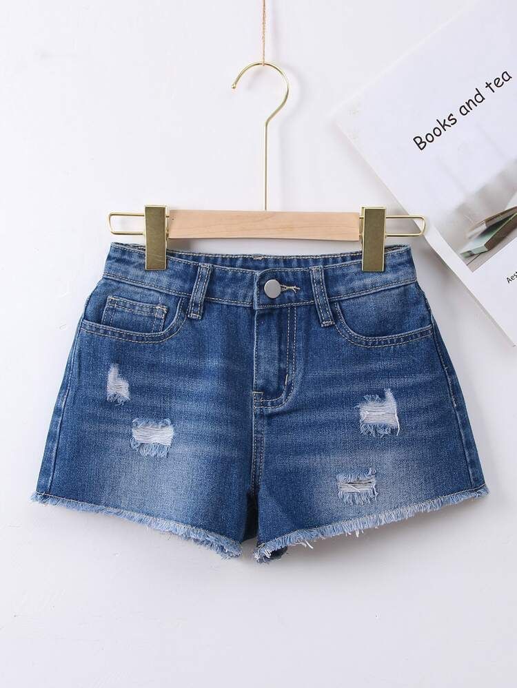 Girls Ripped Frayed Raw Trim Denim Bleach Wash Shorts | SHEIN