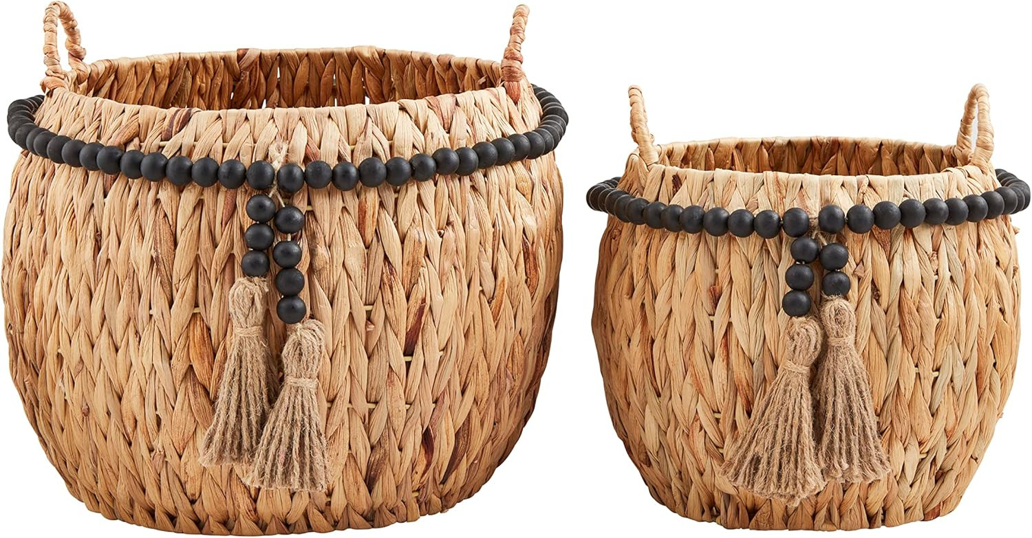 Mud Pie Black Bead Hyacinth Basket Set, Brown | Amazon (US)