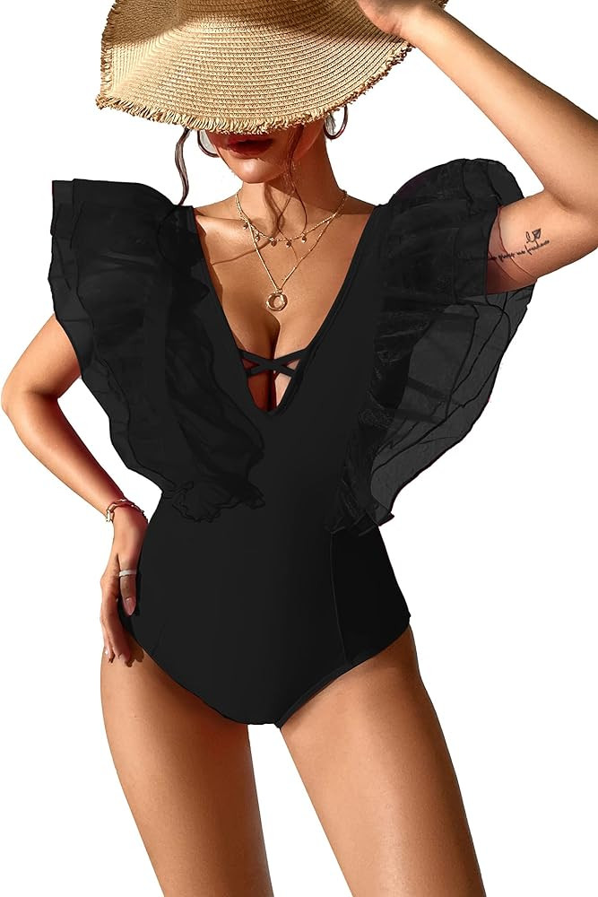 SPORLIKE Women One Piece Swimsuit Organza Ruffle V Neck Bathing Suit | Amazon (US)