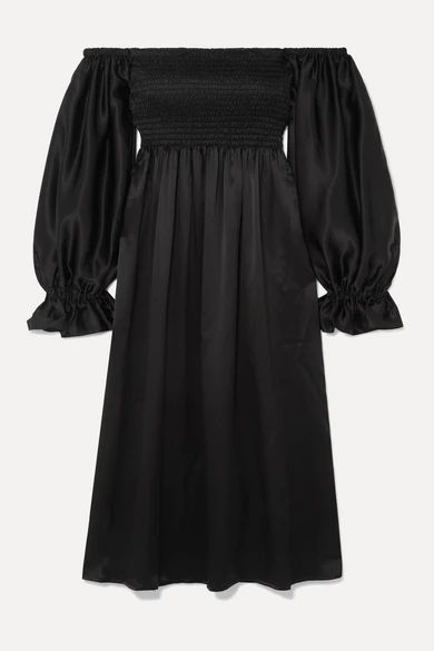 Sleeper - Atlanta Off-the-shoulder Shirred Silk-satin Midi Dress - Black | NET-A-PORTER (US)