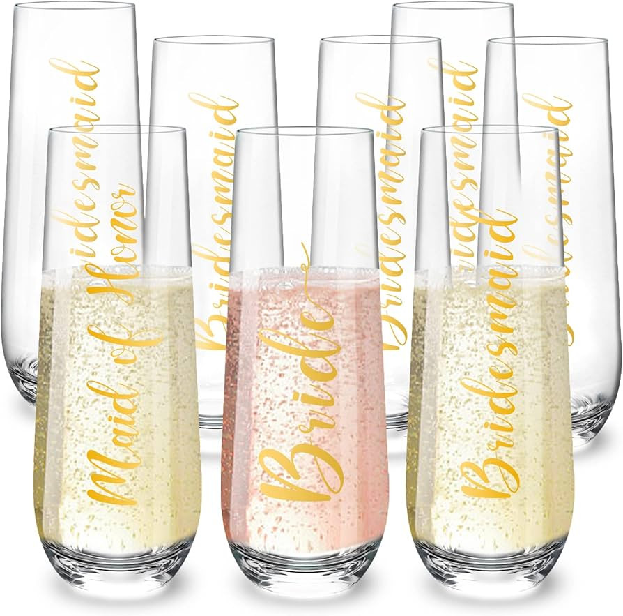 Bridesmaids Champagne Flutes Set of 8-9.3oz Champagne Glasses for Bride Bridesmaids Maid of Honor... | Amazon (US)