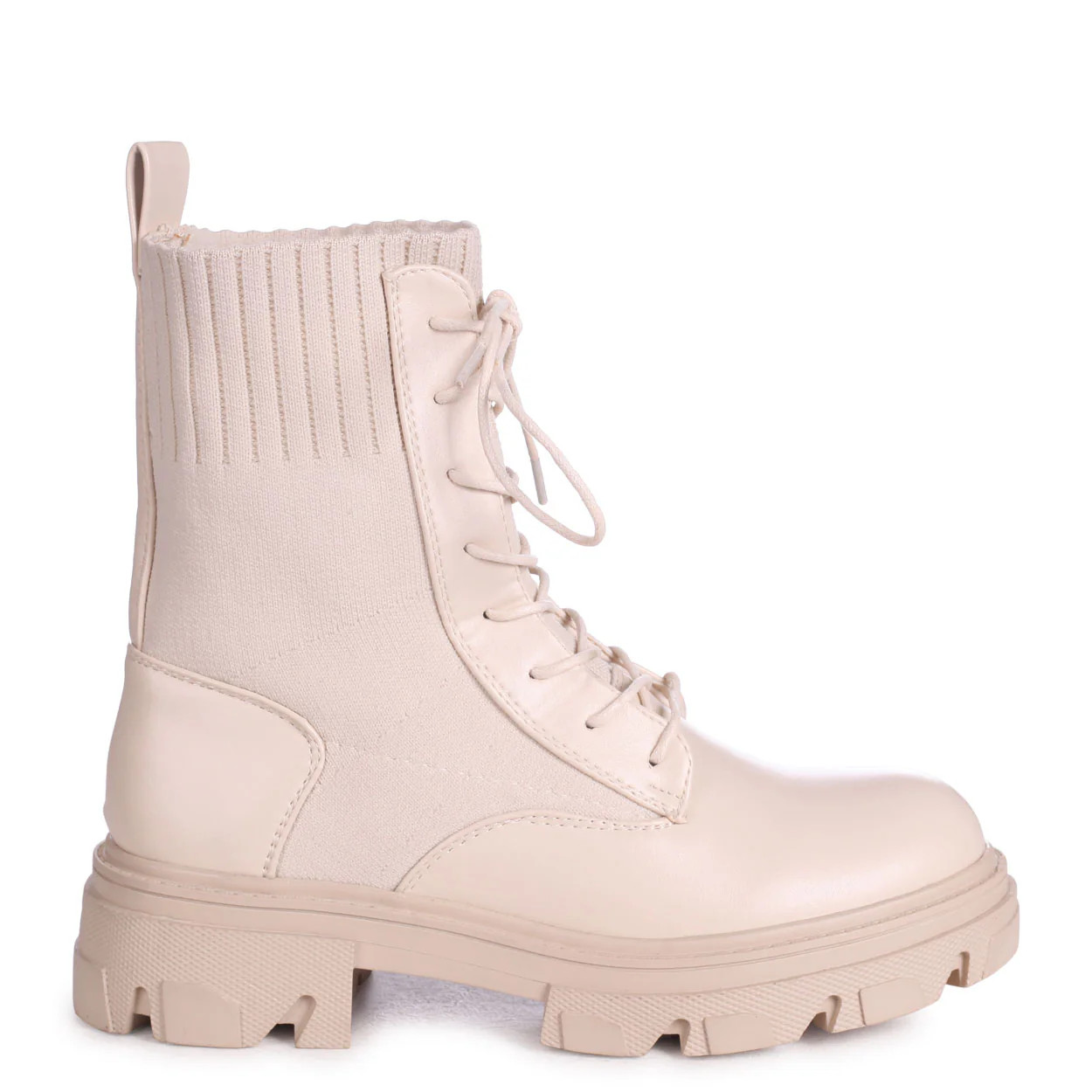 Beige Nappa & Knit Chunky Military Boots | Linzi Shoes