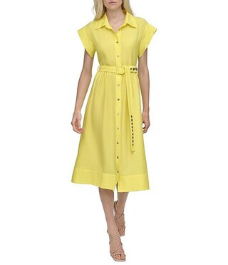 DKNY by Donna Karan Crinkle Point Collar Neck Short Sleeve Button Front Belted Shirt Midi Dress |... | Dillard's