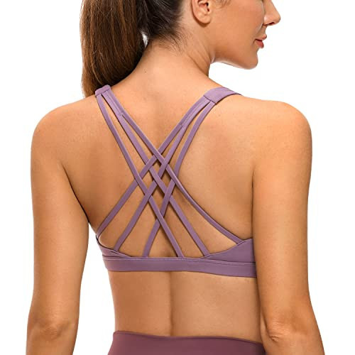 CRZ YOGA Strappy V Neck Sports Bras for Women - Criss Cross Back Wireless Padded Workout Yoga Bra Matt Purple Large | Amazon (US)