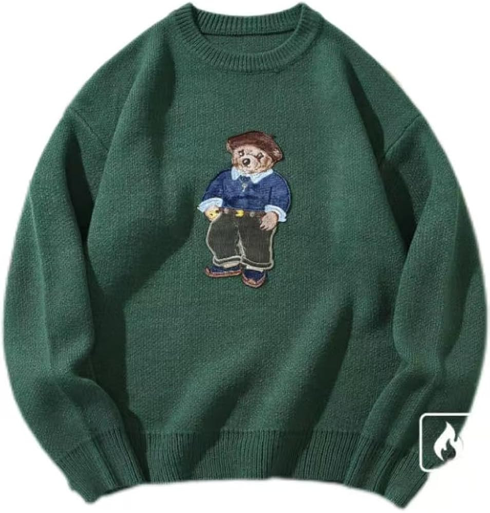 Teddy Bear Embroidered Sweater, Fleece Lined Crewneck Pullover, Warm Winter Knit, Navy Blue, Gree... | Amazon (US)