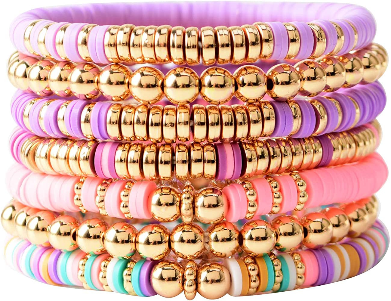 GOOJIDS Surfer Heishi Clay Bead Bracelets for Women Bohemian Stackable Evil Eye Vinyl Disc Beaded... | Amazon (US)