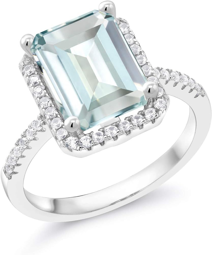 Gem Stone King 925 Sterling Silver Sky Blue Simulated Aquamarine Women's Ring (3.46 Cttw, Emerald Cu | Amazon (US)