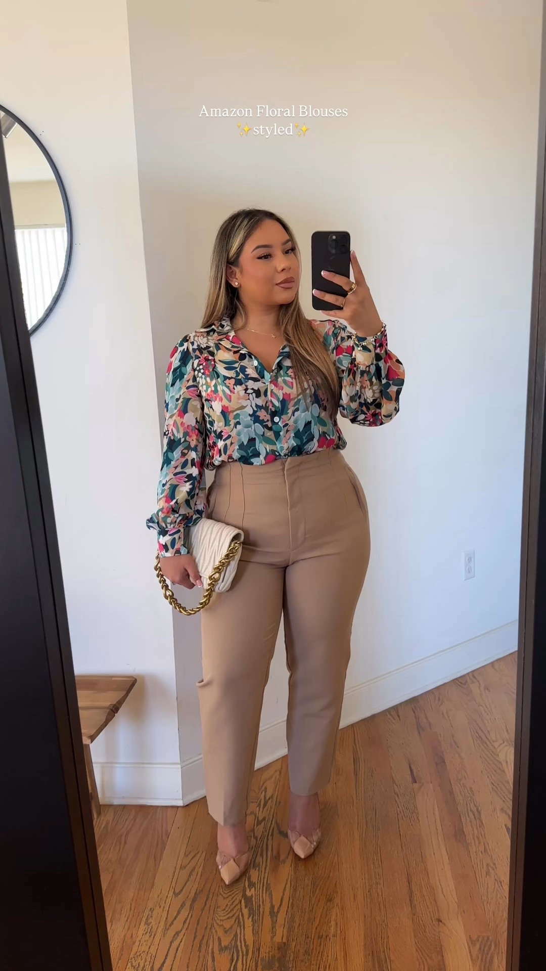 Spring Floral Blouses🌸💐💖 - styled! Sizing below ⬇️ 

Tops: M 
Tan & Navy High waisted Pants: XL these run small 
Pink pants: XL
Jeans: size 10 

#LTKStyleTip #LTKSpringSale #LTKMidsize