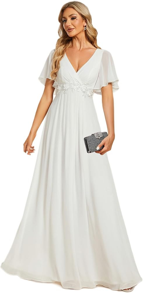Ever-Pretty Women's Chiffon A-Line Ruched Short Sleeves Applique Waist V Neck Formal Dresses and ... | Amazon (US)