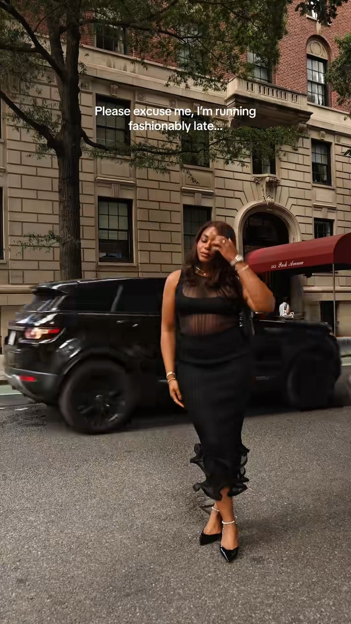 Please excuse me, I am running fashionably late 🤍 wearing the most gorgeous sheer set from Simhkai! Love the sheer top and ruffled midi skirt for the fall. Perfect for wedding guest dress outfits or nights out! … For more links to elevated basics clothing, georgia louise1, wedding guest dress, kathleen post, fall purse, jeans, fall outfits, follow me on LTK! ✨

#LTKSeasonal #LTKWedding #LTKStyleTip