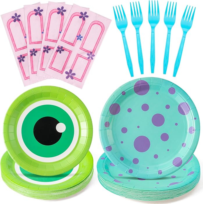 Monster Birthday Party Supplies - 96pcs Paper Plates Napkins Plastic Forks Kids Girl Boy Little B... | Amazon (US)