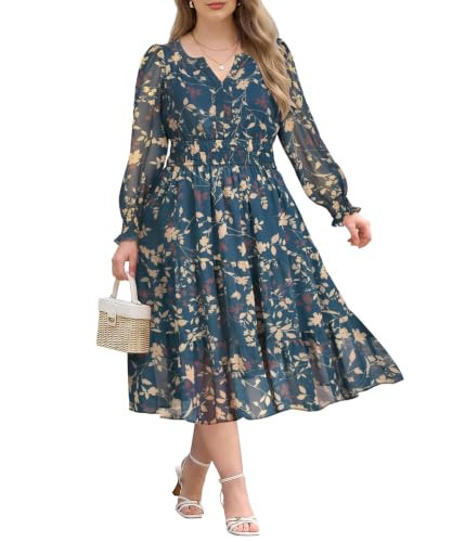 0RITERA Plus Size Dresses for Curvy Women 2X Chiffon Navy Blue Floral Dress | Amazon (US)