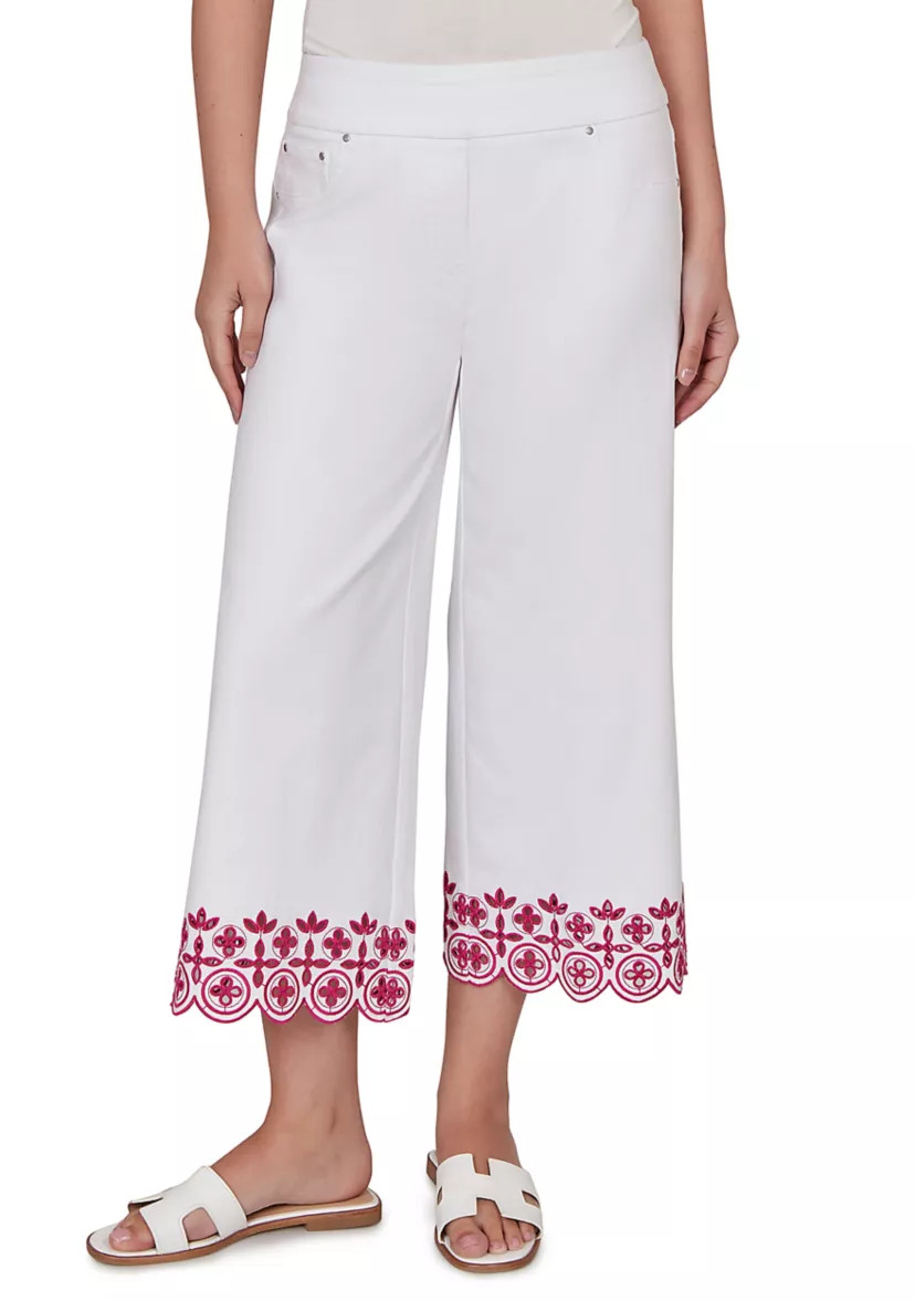 Women's Embroidered Hem Colored Denim Pull On Capri | Belk