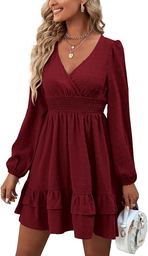 Rooscier Women's Wrap V Neck Swing Ruffle Swiss Dots Long Sleeve Mini Dress | Amazon (US)