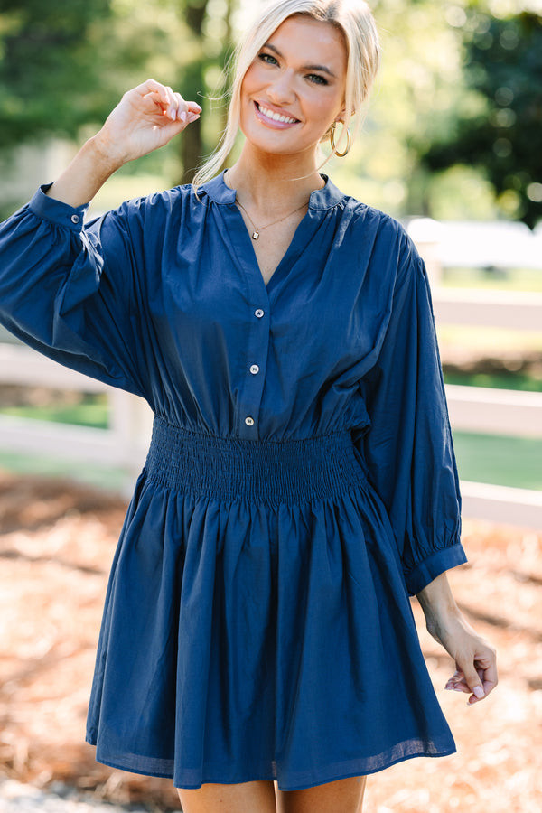 Pinch: Work For You Navy Blue Smocked Waist Dress | The Mint Julep Boutique