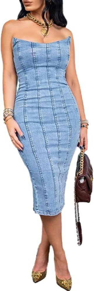 Women's Sexy Jeans Denim Strapless Dresses Summer Bodycon Corset Tube Midi Jean Dress for Women 2... | Amazon (US)