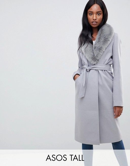 ASOS DESIGN Tall faux fur collar coat with tie belt | ASOS US