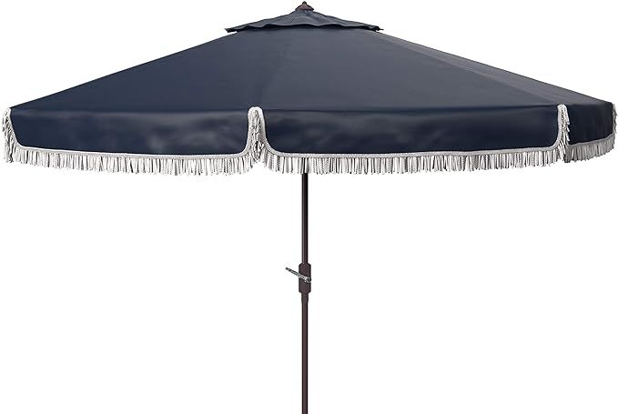 Safavieh PAT8108A Outdoor Milan Fringe Navy and White 11-Foot Round Crank UV Protected Umbrella | Amazon (US)