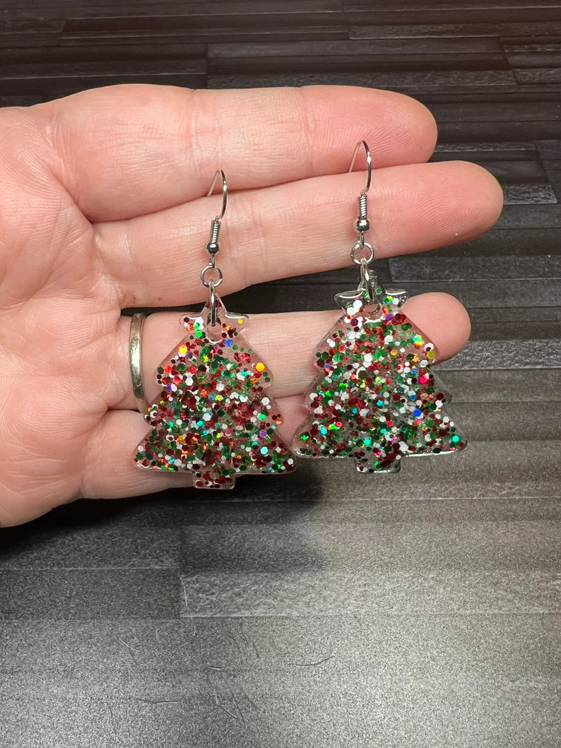 Christmas Tree With Glitter Earrings Gift for Earring Lover - Etsy | Etsy (US)