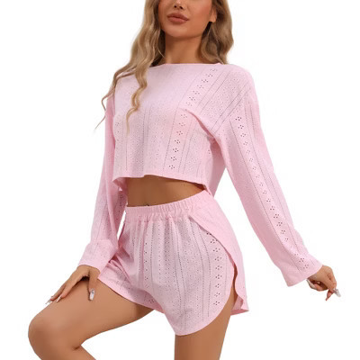 INSPIRE CHIC Women's Hollow Out Long Sleeve Tops with Shorts Outfits Pajamas Sets Pink Large | Target