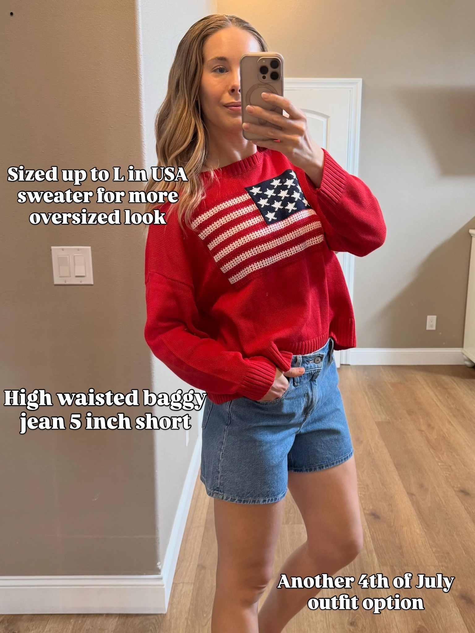 Sized up to Large in sweater for oversized fit & sized down to 4 in baggy denim shorts.

#LTKootd #LTKTall #LTKSaleAlert
