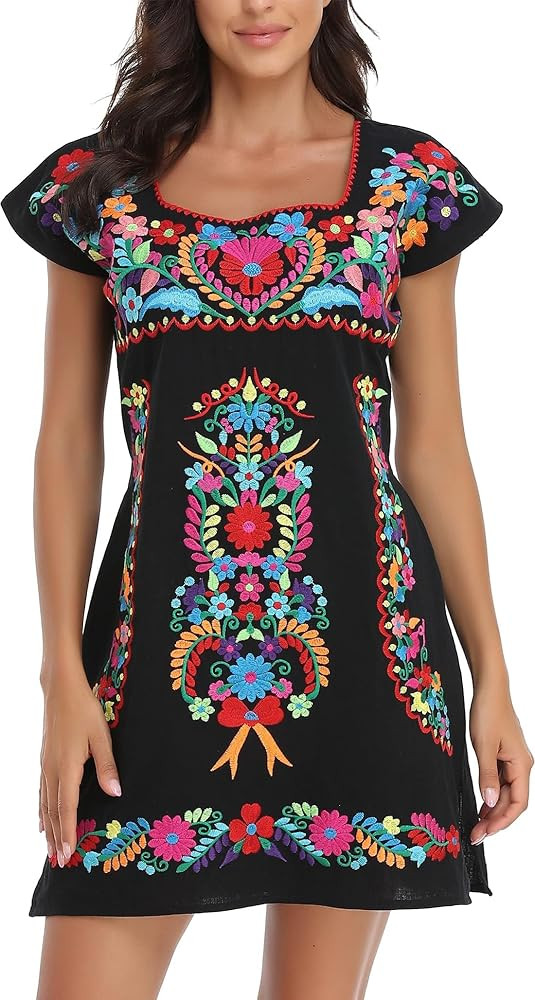 YZXDORWJ Women Mexican Embroidered Dress Ruffle Collar Sleeveless | Amazon (US)