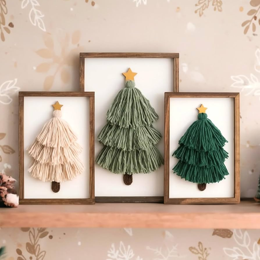 Roowest 3 Pcs Boho Christmas Decor Neutral Wooden Framed Christmas Decor Tassel Yarn Xmas Tree Pa... | Amazon (US)